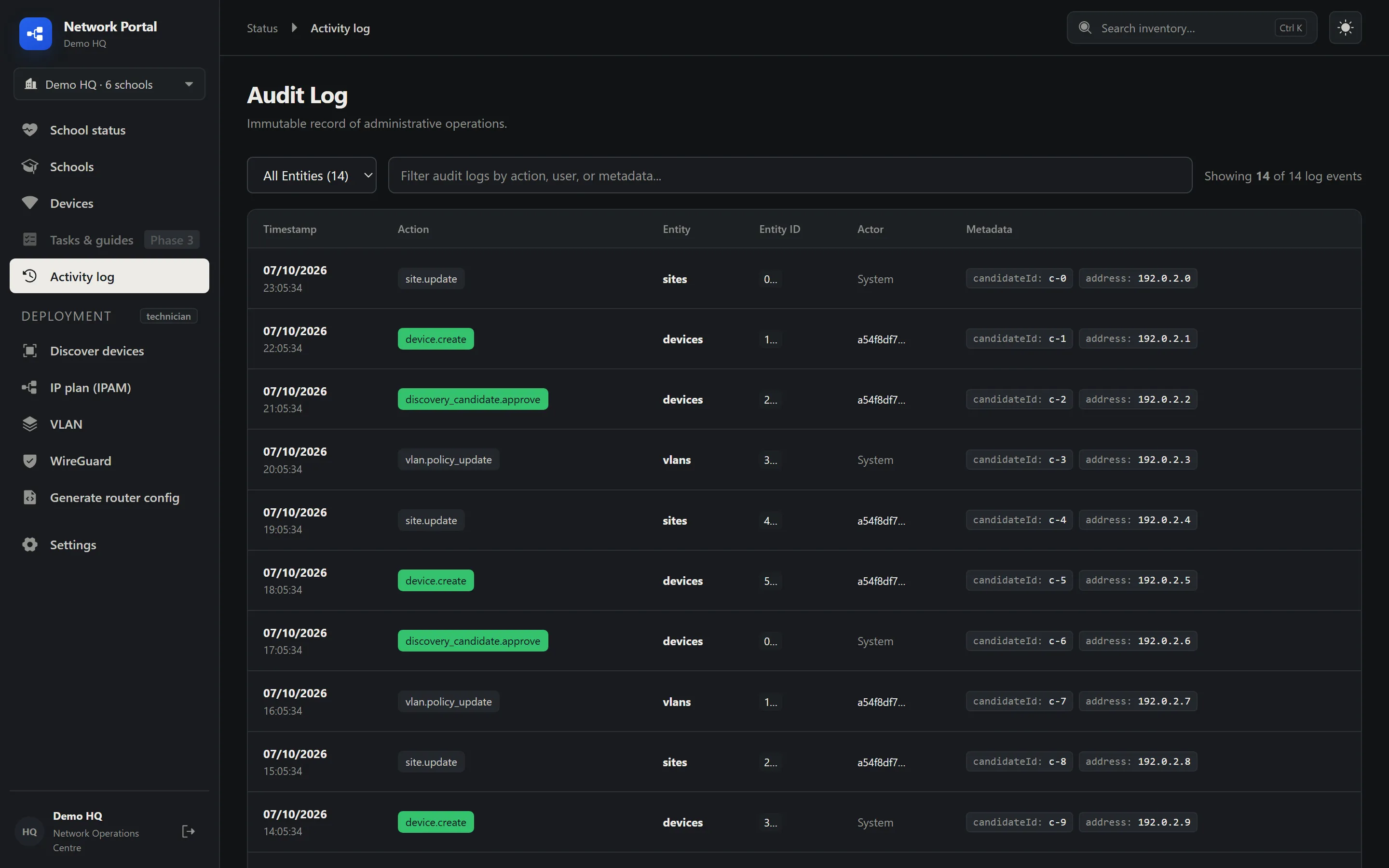 Audit log of administrative actions with timestamp, action, entity, actor and metadata.