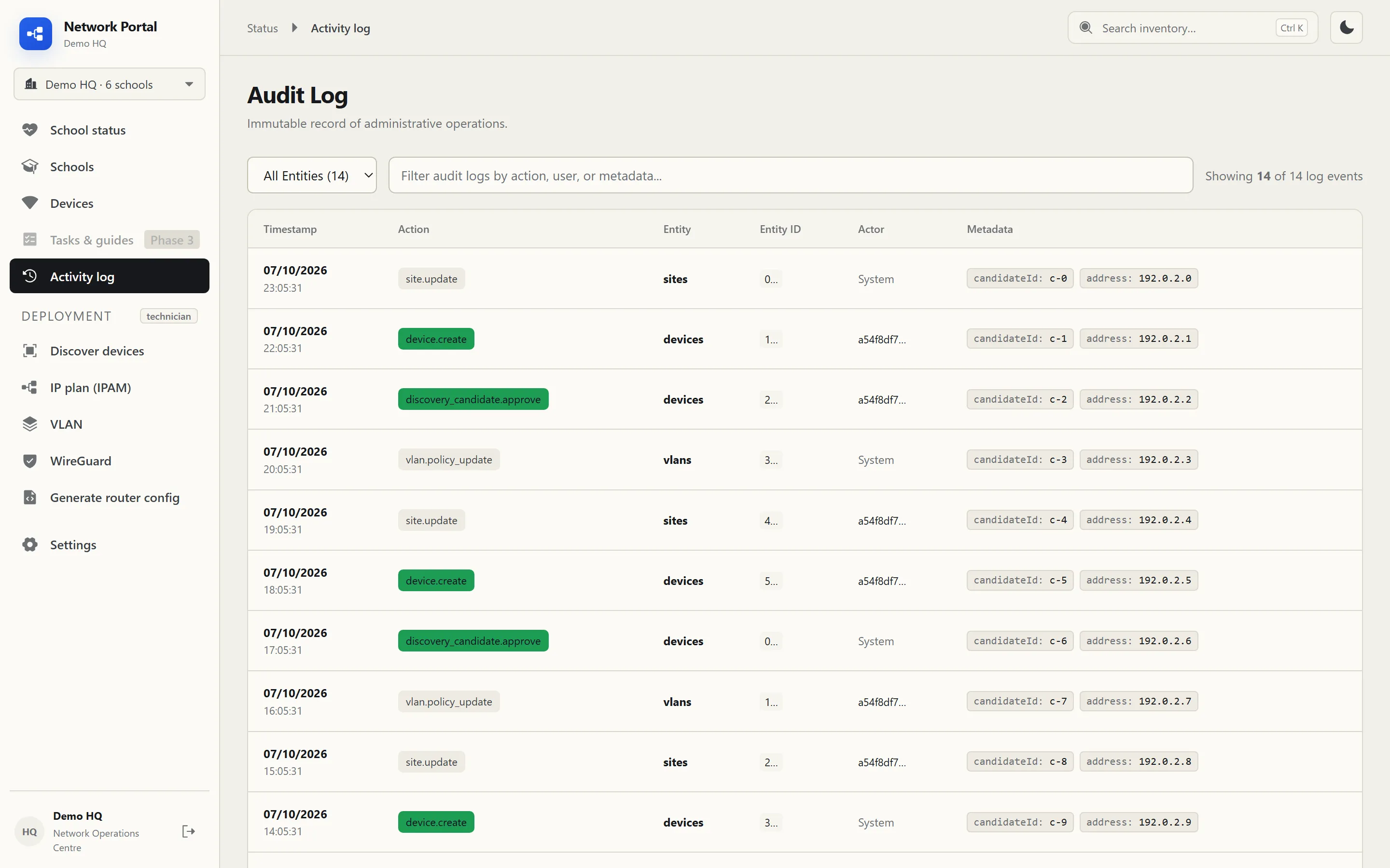 Audit log of administrative actions with timestamp, action, entity, actor and metadata.