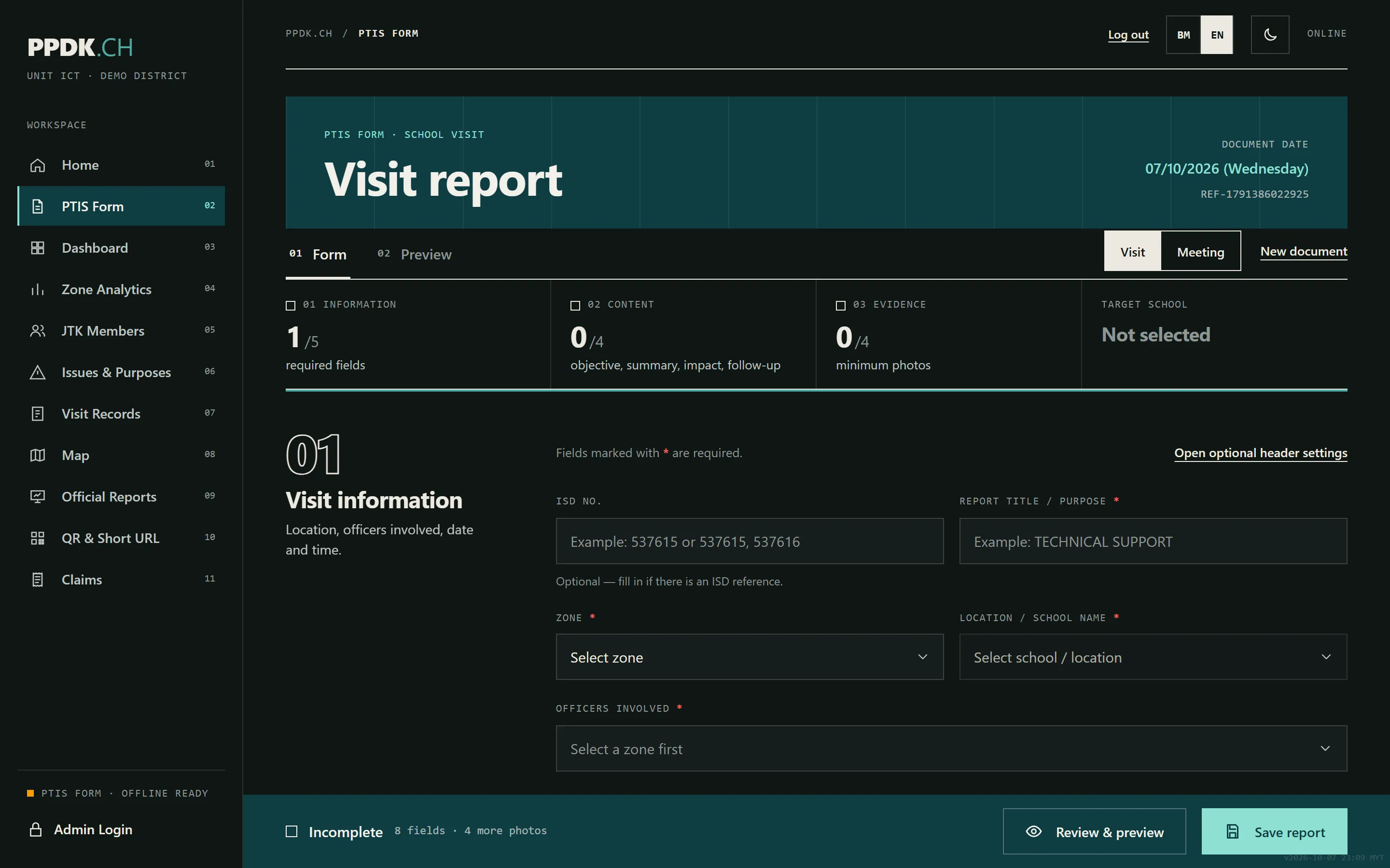 Visit report form with progress counters for information, content and evidence, and fields for ISD number, report title, zone, school and officers.