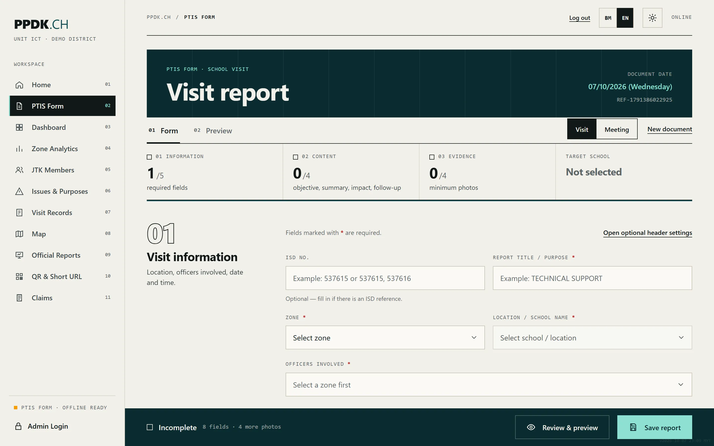 Visit report form with progress counters for information, content and evidence, and fields for ISD number, report title, zone, school and officers.